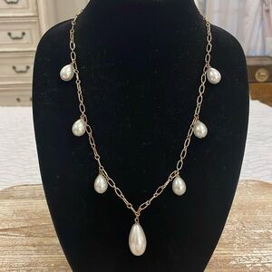 Vintage Gold Tone Faux Pearl Long Statement Necklace
